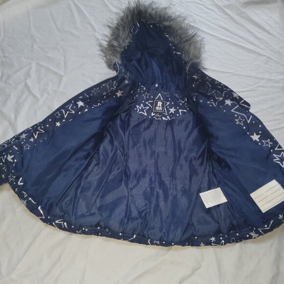 R1881 S. Rothschild Puffer Jacket Hooded Fur Trim Silver Foil Stars Navy 4T - Picture 4 of 9